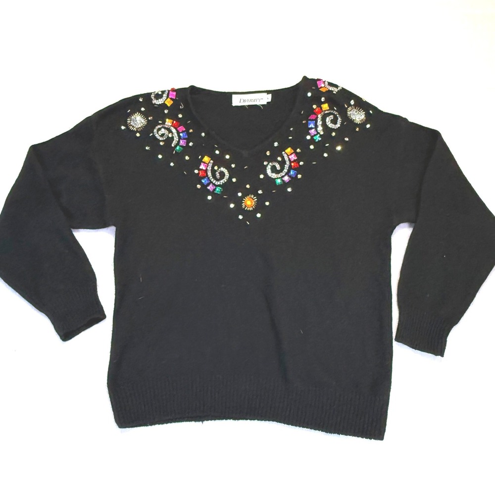 Vintage 1990s Diversity Black Beaded Sweater Rhinestone Embellished Women's L